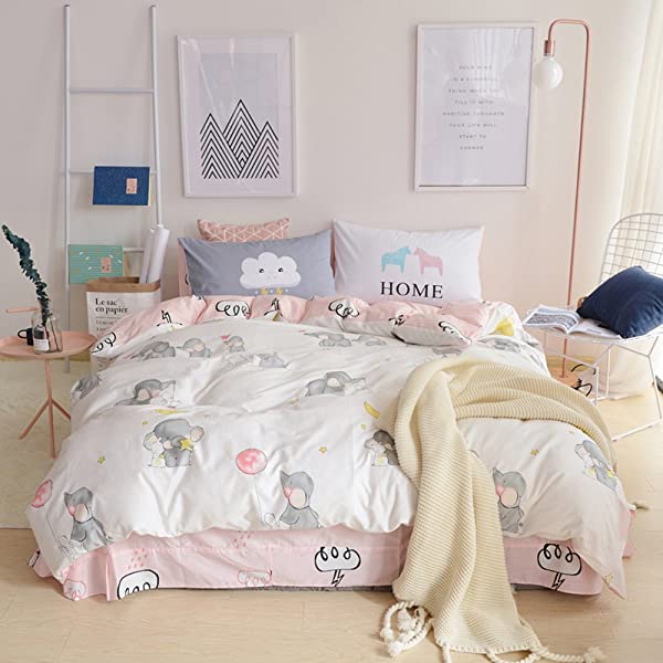 New Cartoon Animals Elephant Print Duvet Cover Sets for Kids 100% Cotton Reversible Soft 3 Pieces Kids Bedding Duvet Cover Pillowcases Kawaii Cloud Bedding Sets, Queen/Full Full/Queen (1 Duvet Cover + 2 Pillowcases) Multi A00 Elephant Bunny Balloon