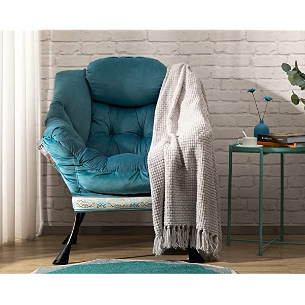 AbocoFur Modern Large Cotton Fabric Lazy Chair，Accent Contemporary Lounge Chair, Single Steel Frame Leisure Sofa Chair with Armrests and A Side Pocket, Beige