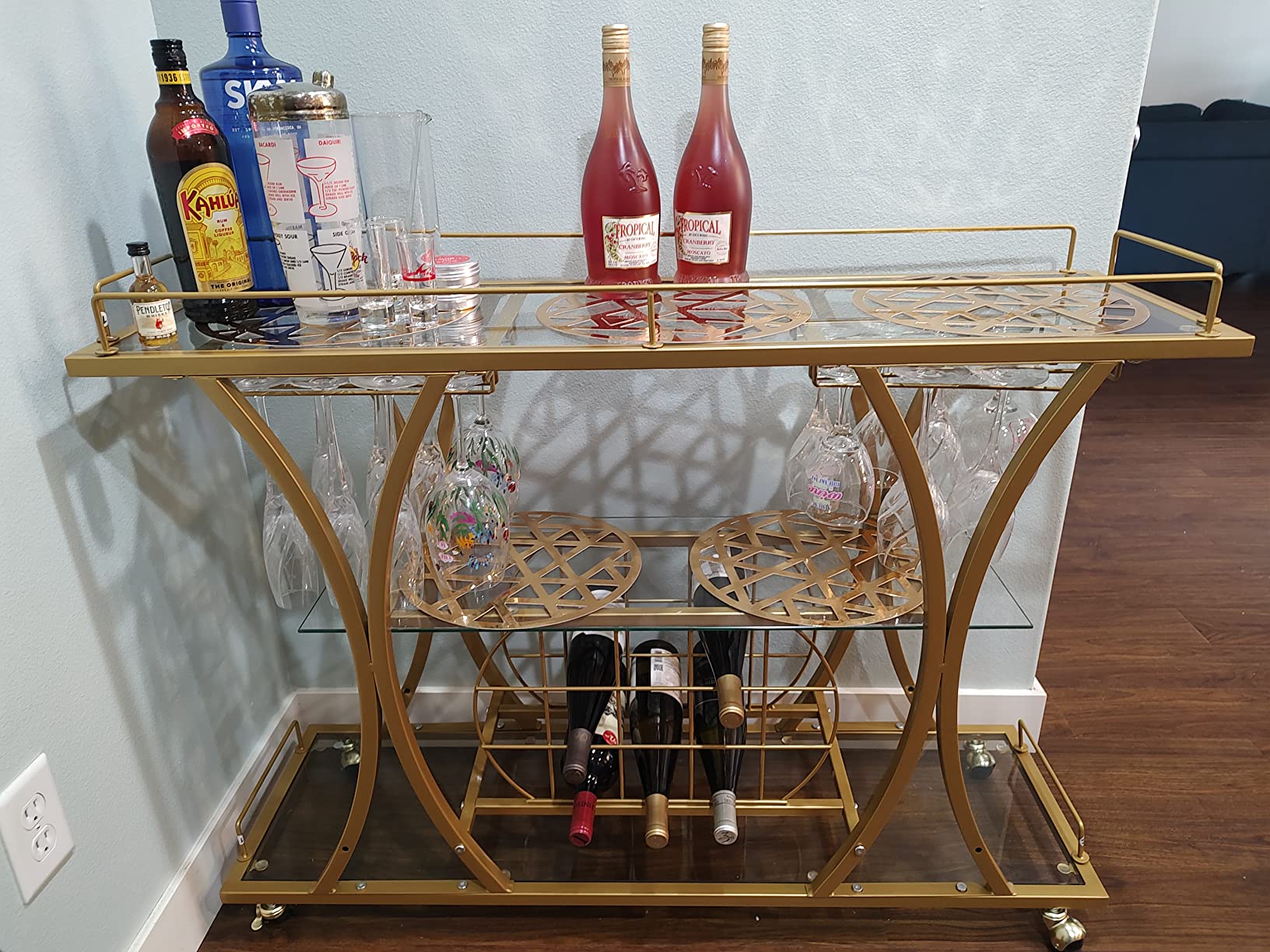 【Furniture】Bar Serving Cart with Glass Holder and Wine Rack, 3-Tier Kitchen Trolley, Mobile Wine Cart for Home