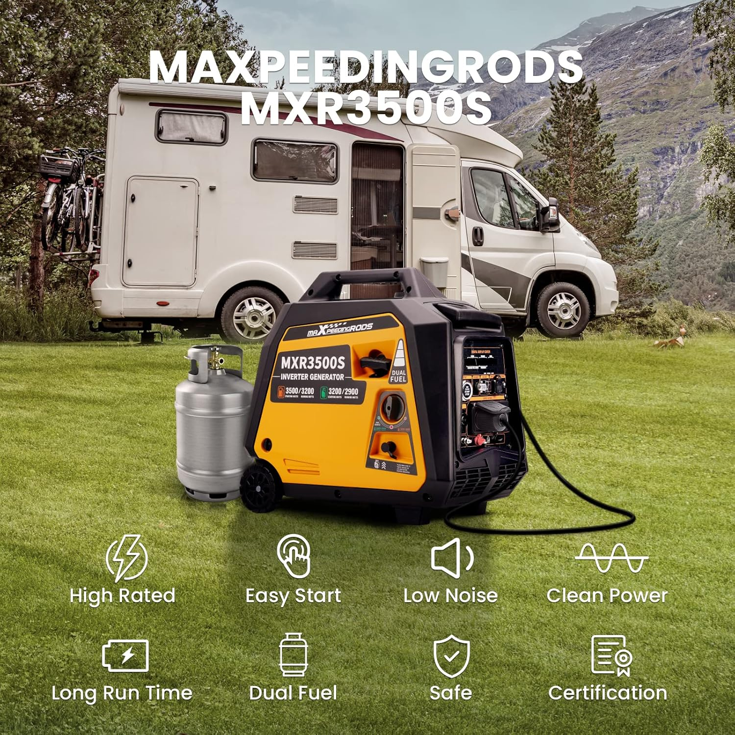 maXpeedingrods 3500W Petrol Inverter Generator Dual Fuel 4-Stroke Electric Start Generator for Camping, RV Travel, Home, or Jobsites