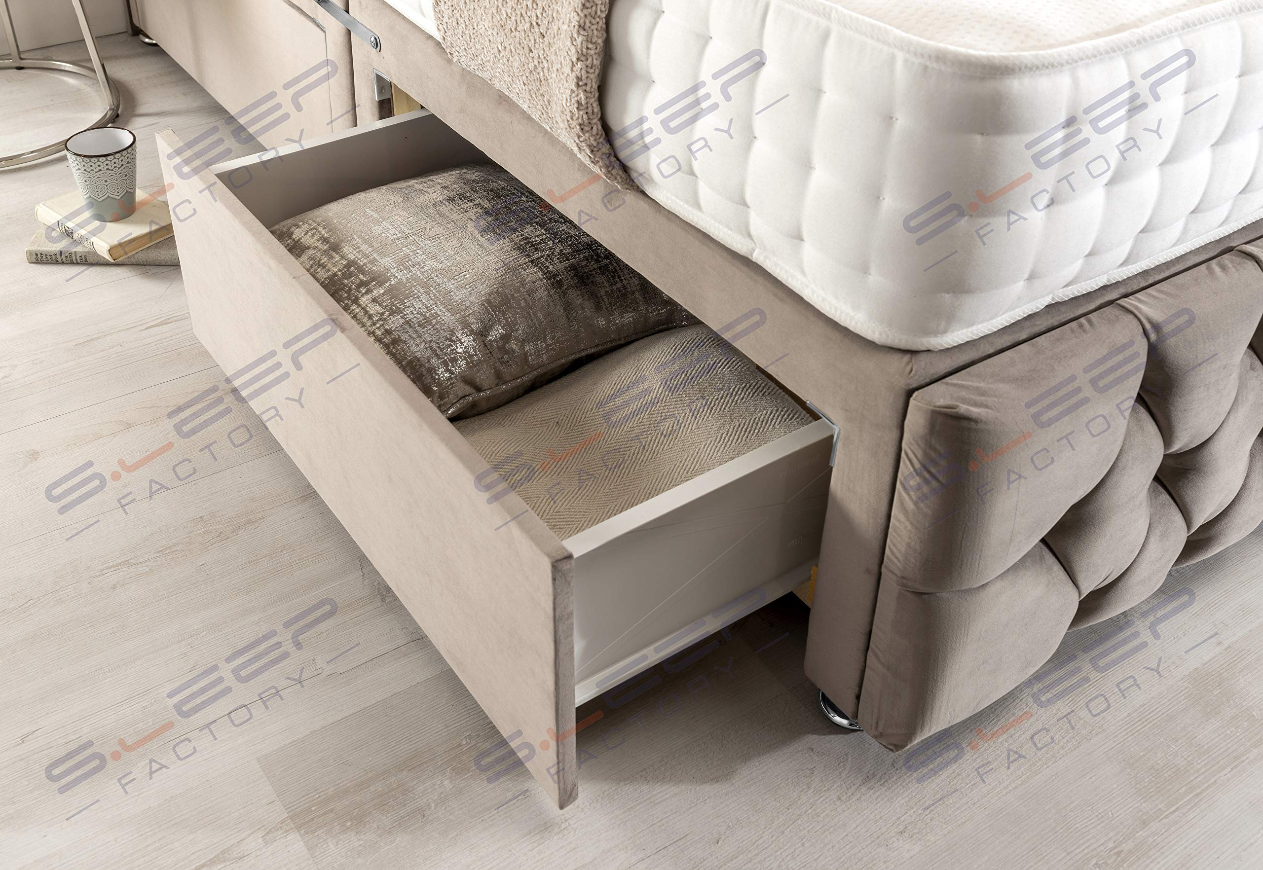 【Furniture】Pebble Plush Velvet Chesterfield 2 Drawer Divan Bed Set, Mattress & Headboard