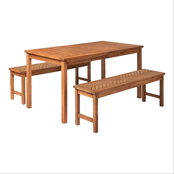 Walker Edison 5 Person Outdoor Wood Chevron Patio Furniture Dining Set Table Chairs Bench All Weather Backyard Conversation Garden Poolside Balcony, 4 Piece, Brown Brown 4 Piece Dining Set