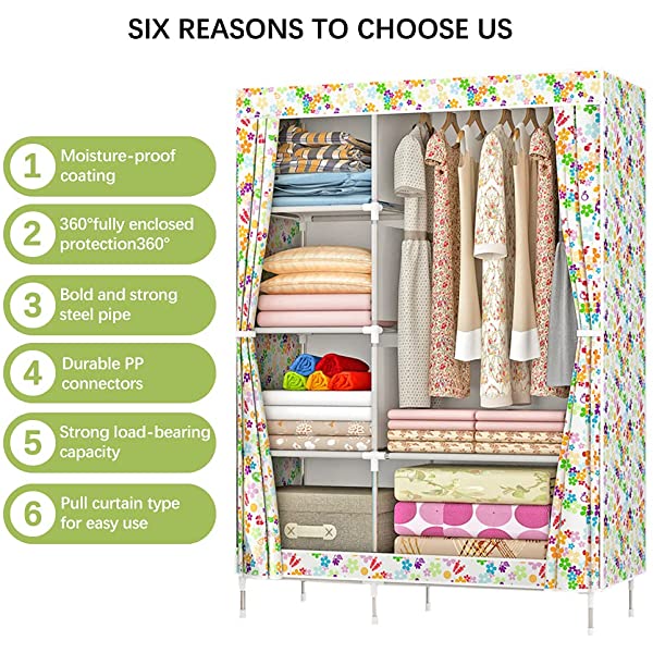 QUMENEY Wardrobe Storage Closet, Portable Clothes Standing Shelves Organizer, Extra Strong and Durable Non-Woven Fabric Rack with Hanging Rods, Quick and Easy to Assemble (Pink Dots)