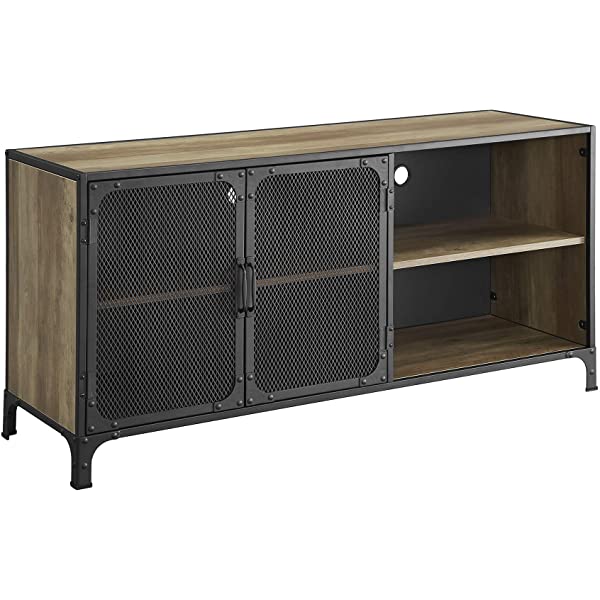 Walker Edison Malcomb Urban Industrial Metal Mesh Double Door Rolling Bar Cabinet, 33 Inch, Rustic Oak Rustic Oak 33 Inch