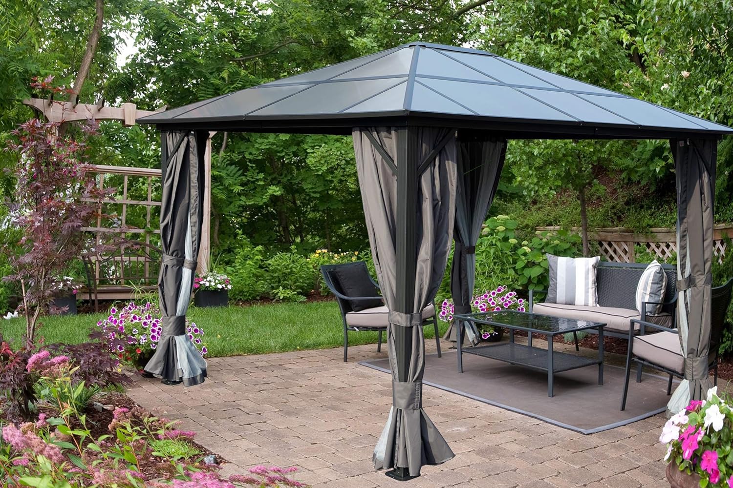 Kozyard 10' x 12' Hard Top Gazebo, Permanent Outdoor Aluminum Patio Gazebo with Aluminum Composite Polycarbonate Canopy for Yard Lawn and Garden, Includes Curtain and Netting (Edward 10' x 12')