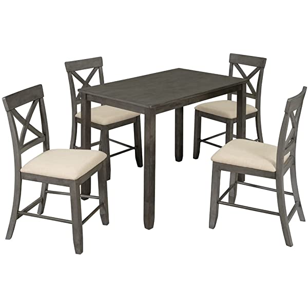 Wood 5 Pcs Counter Height Dining Table Set with 4 Upholstered Chairs,Kitchen Dining Table Set for Dining Room, Kitchen, Dinette, Compact Small Space,4 Chairs and Table Furniture Set