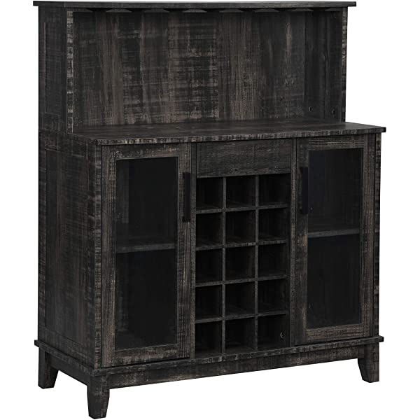 Bar Cabinet with Wine Rack and Glass Doors (Grey wash- Solid)