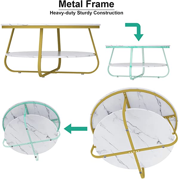 Elephance Round Coffee Table with Storage, 35.8 Inch Rustic Wood Coffee Table with Strong Metal Frame for Living Room, Dining Room, Cocktail Table, Round Sofa Table (Almond)
