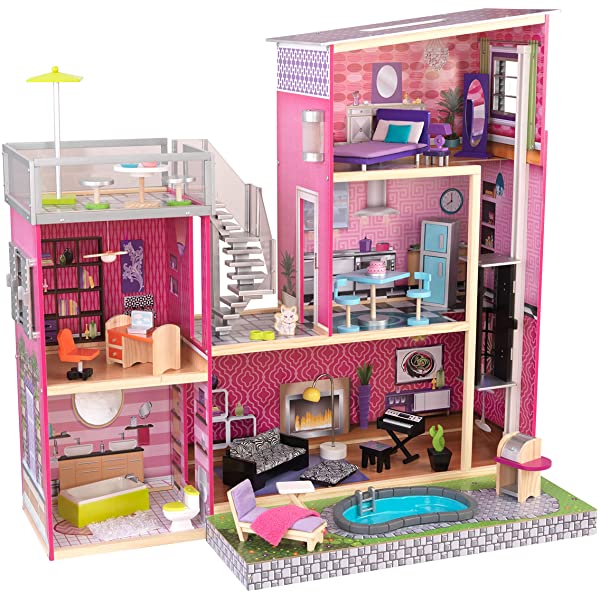 Wooden Modern Dollhouse with Lights & Sounds, Pool and 36 Accessories, Gift for Ages 3+ 49.25