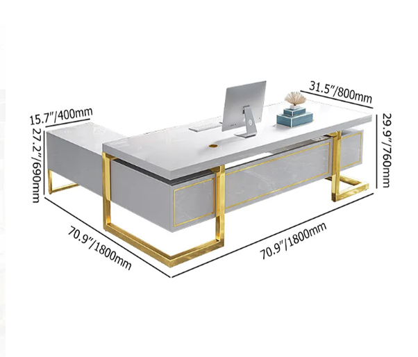 L-Shaped Modern Office Executive Desk of Right Hand with Storage in White & Gold