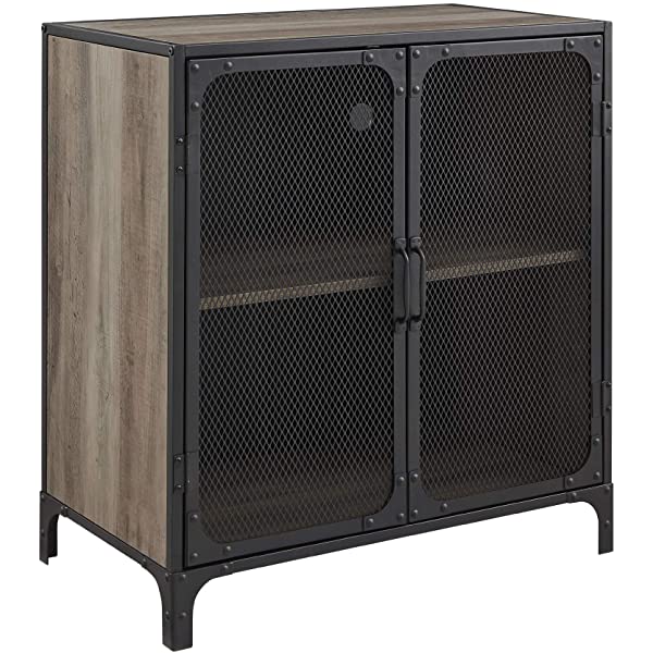 Walker Edison Malcomb Urban Industrial Metal Mesh Double Door Rolling Bar Cabinet, 33 Inch, Rustic Oak Rustic Oak 33 Inch