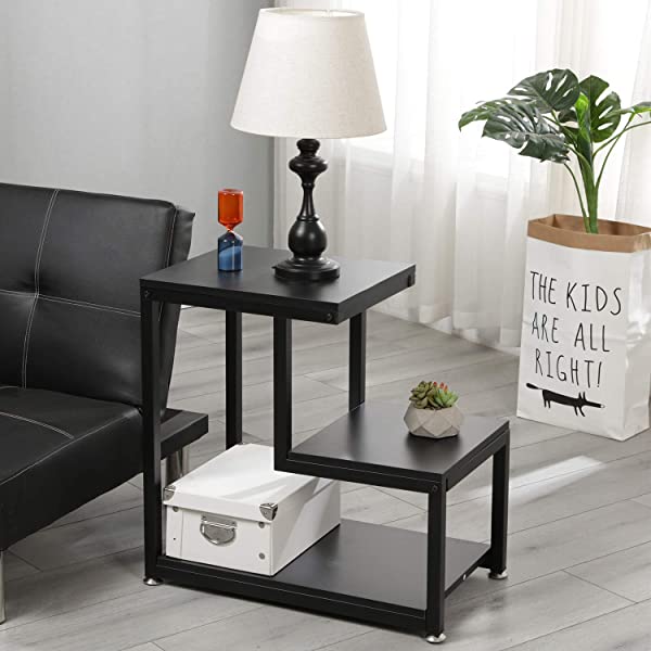 SDHYL Ladder Designed Shelf End Table Bed Table CouchTable, Nightstand Side Table for Bedroom, Flower Shelf for Living Room, Black S7-DX-C00200-BK-US