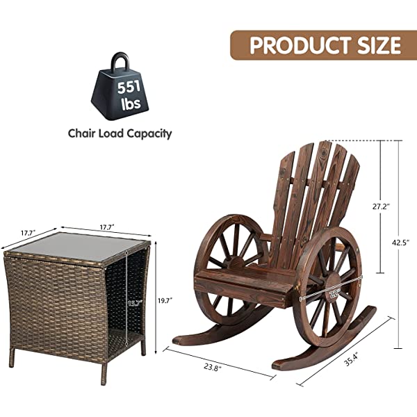 Kinsunny Rustic Wood Wagon Rocking Chair Outdoor Patio Lounge Rocker Set with Wheel Armrest for Garden, Country, Yard 1pc