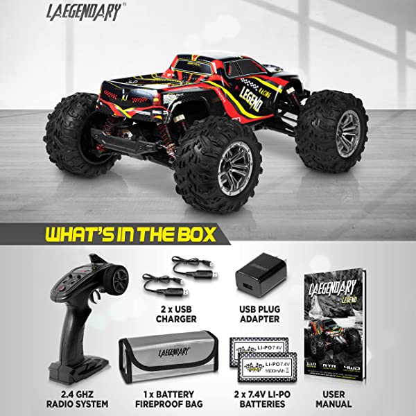 1:10 Scale Large RC Cars 50+ kmh Speed - Boys Remote Control Car 4x4 Off Road Monster Truck Electric - Hobby Grade Waterproof Toys Trucks for Kids and Adults - 2 Batteries + Connector for 40+ Min Play Black - Red 1:10 Scale 31 mph