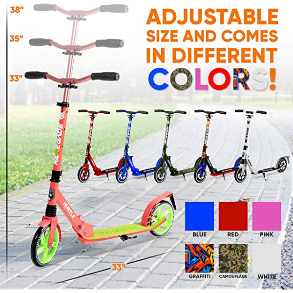 Hurtle Scooter – Scooter for Teenager – Kick Scooter – 2 Wheel Scooter with Adjustable T-Bar Handlebar – Folding Adult Kick Scooter with Alloy Anti-Slip Deck Pink