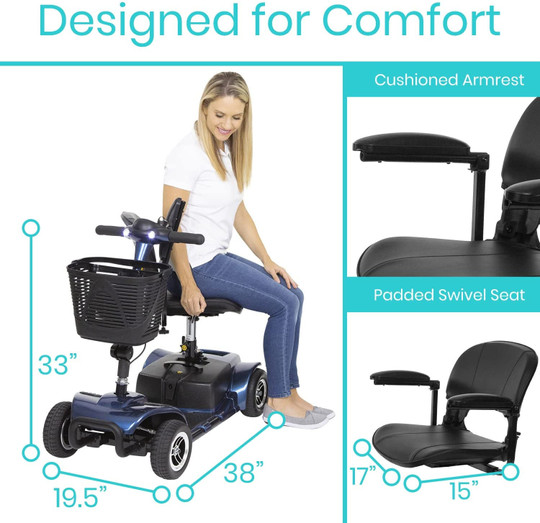 Vive 4 Wheel Mobility Scooter - Electric Powered Wheelchair Device - Compact Heavy Duty Mobile for Travel, Adults, Elderly - Long Range Power Extended Battery with Charger and Basket Included