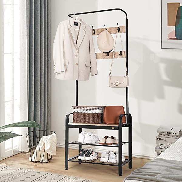 VIVOHOME 3-in-1 Entryway Hall Tree, Heavy Duty MDF Stand Coat Rack with Storage Bench, Industrial Wood Furniture with Stable Metal Frame, 8 Hooks Rustic Brown