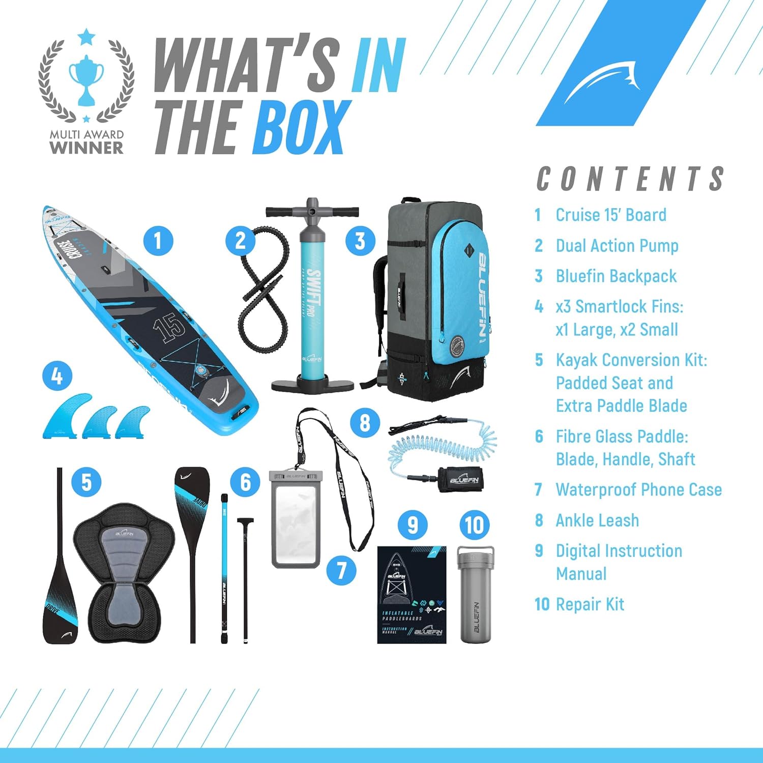 Bluefin Cruise SUP Inflatable Stand Up Paddle Board | Premium Paddleboard Accessories | Multiple sizes: Kids, 9'8, 10'4, 10’8, 12’, 15'