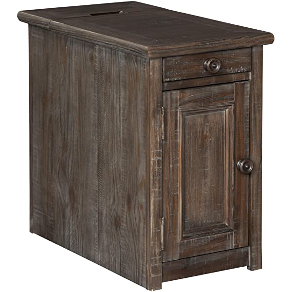 Signature Design by Ashley Tyler Creek Rustic Chair Side End Table with Pull-Out Tray & USB Ports, Brown Blackish Brown Table