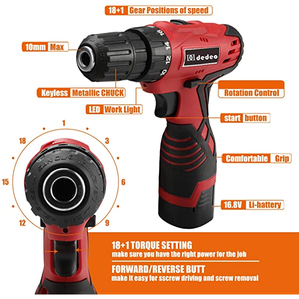 Dedeo Tool Set with Drill, 108Pcs Cordless Drill Household Power Tools Set with 16.8V Lithium Driver Claw Hammer Wrenches Pliers DIY Accessories Tool Kit Medium