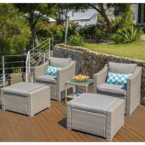 COSIEST 5-Piece Outdoor Furniture Lounge Set Warm Gray Wicker Sectional Sofa w Thick Cushions, Glass-Top Table, 2 Ottomans, 2 Teal Pattern Pillows for Garden, Pool, Backyard