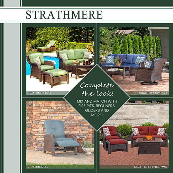 Hanover Strathmere 6-Piece Outdoor Patio Conversation Set, 2 Side Chairs with Ottomans, Loveseat and Tempered Glass Coffee Table, with Hand-Woven Wicker and Thick Cilantro Green Cushions, STRATHMERE6PC