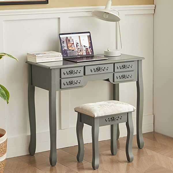 Vanity Table Set with Tri-Folding Mirror Makeup Dressing Table with Cushioned Stool & 7 Drawers and a Shelf, Makeup Dressing for Women, Girls, Bedroom (Grey)
