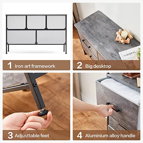 5 Drawer Dresser Long Wide Chest of Drawers Nightstand with Wood Top Rustic Storage Tower Storage Dresser Closet for Living Room, Bedroom, Hallway, Nursery, Kid Weathered Grey