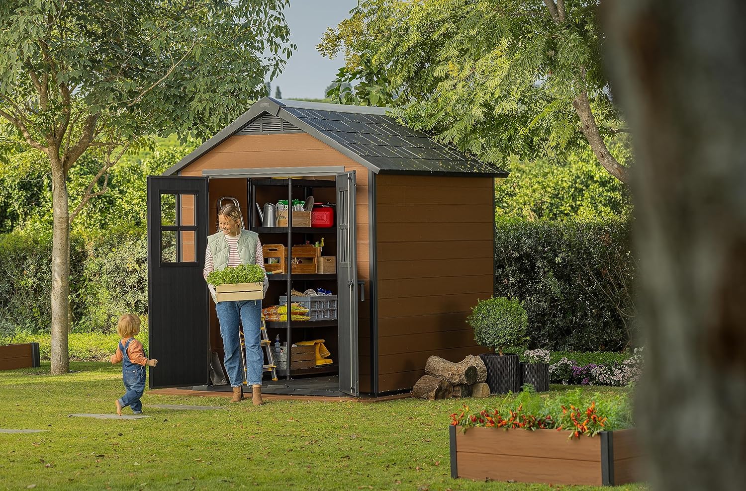 Keter Newton Outdoor Apex Double Door Garden Storage Shed 7.5 x 7ft Brown WPC Wood Look and Feel | Fade Free | All Weather Resistant | Safe and Secure | Zero Maintenance | 15 year Warranty