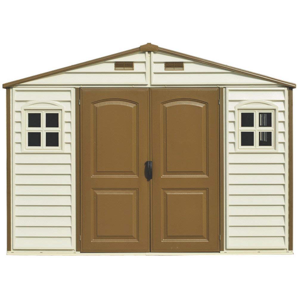 Duramax WoodSide 10 x 8 (8.02 m2) Plastic Garden Shed with 3 Fixed Windows & Metal Foundation Kit, Strong Metal Roof Structure Fire Retardant and Maintenance-Free Storage Shed