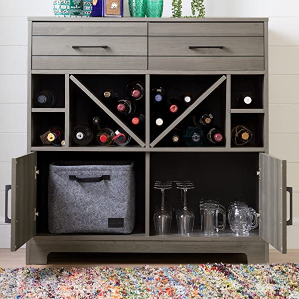 South Shore Vietti Bar Cabinet with Liquor and Wine Bottle Storage with Drawers, Black Oak with Metal Handles