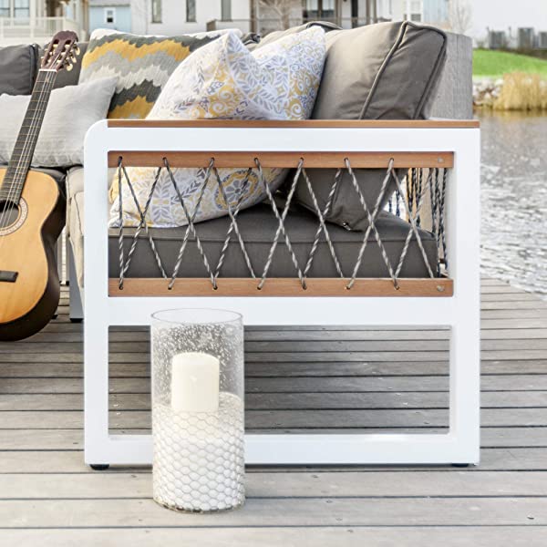 Walker Edison Harbor Modern 4 Piece Teak Wood and Metal Outdoor Modular Sectional with Knotted Rope Accents, Set of 4, White and Grey