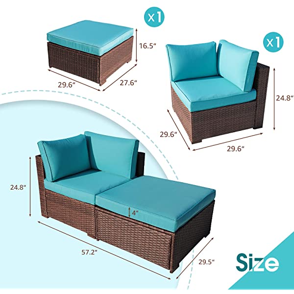 OC Orange-Casual 2 Piece Patio Sectional Furniture Set with Back Seat Cushions, Outdoor Armchair Wicker Sofa, Ottoman Brown Wicker & Turquoise Cushion