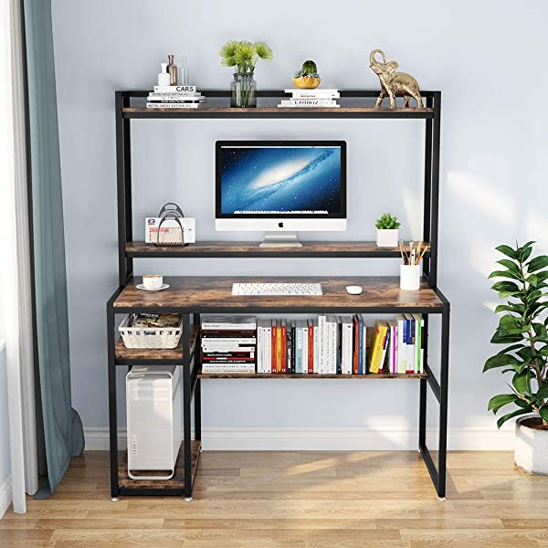 Tribesigns Computer Desk with Hutch and Shelves, 47 Inches Home Office Desk with Bookshelves and CPU Stand, Writing Desk PC Study Table Workstation for Small Spaces (Rustic Brown)
