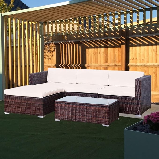 EVRE California Brown Outdoor Rattan Garden Furniture Conversation Set with Handwoven PE Wicker Sectional Sofa Glass Top Table Cushions for Patio Deck Conservatory