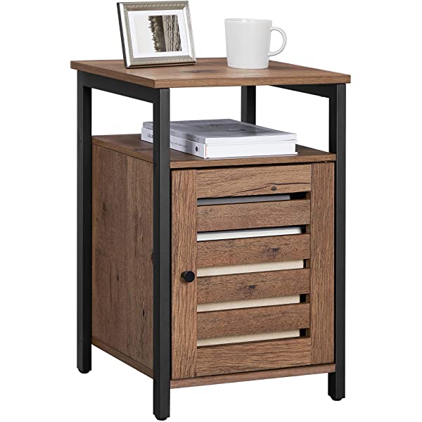 VASAGLE Nightstand, End Table with Open Shelf, Steel Frame, Bedroom, Industrial, Rustic Brown + Black