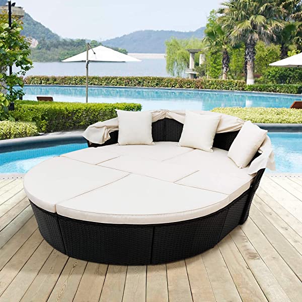 Merax All-Weather Outdoor Sectional Sofa Conversation Set Rattan Daybed Sunbed with Retractable Canopy, Separate Seating and Removable Blue Cushions Brown+blue