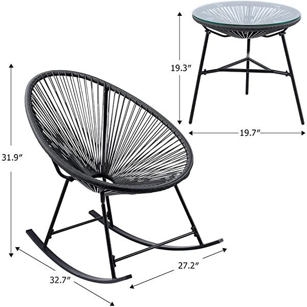 VONLUCE 3 Piece Outdoor Acapulco Bistro Set, Patio Furniture Set with Glass Top Table and 2 Rocking Chairs with Hand-Woven Rope, All Weather 3pc Conversation Set for Balcony and Patio Décor, Black