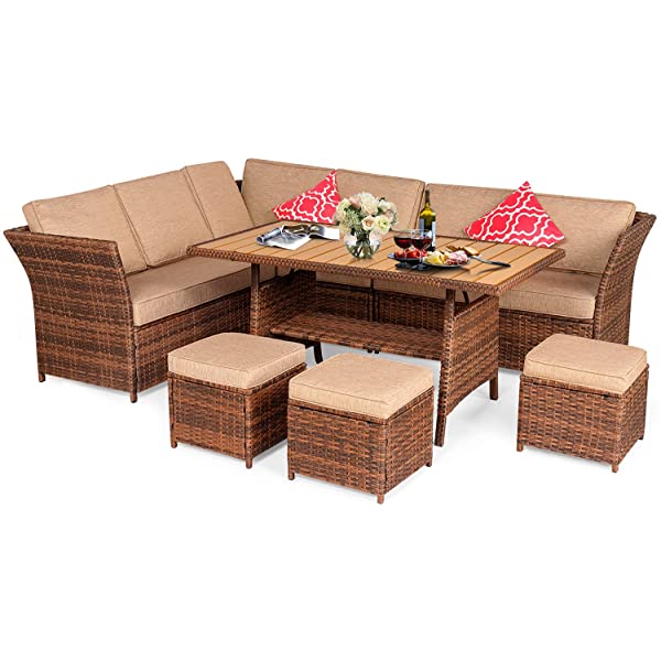 Aoxun 7 Pieces Outdoor Furniture Set, Sectional Sofa Conversation Set with Cushions and Pillows, All Weather Wicker Rattan Suitable for Deck or Yard(Brown) 7 Pieces - Brown