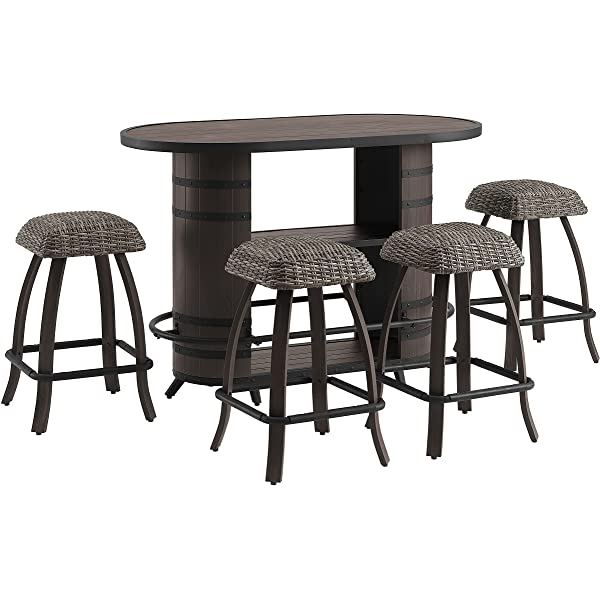Ulax Furniture Patio Bar Set 5 Piece Outdoor High Bar Stool Bistro Set with Storage Bar Table and Four Wicker Stools