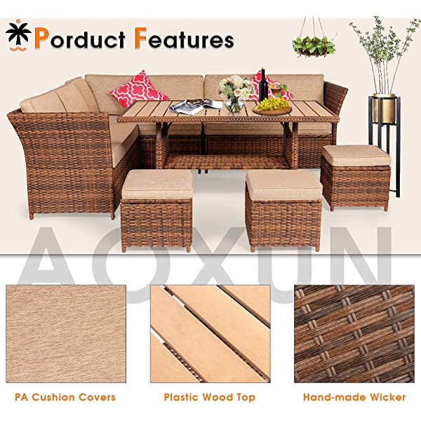 Aoxun 7 Pieces Outdoor Furniture Set, Sectional Sofa Conversation Set with Cushions and Pillows, All Weather Wicker Rattan Suitable for Deck or Yard(Brown) 7 Pieces - Brown