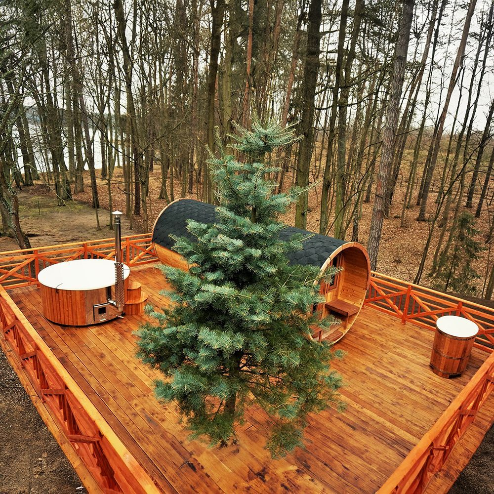 8 Person Barrel Sauna with Separate Dressing Room & Electric Heater