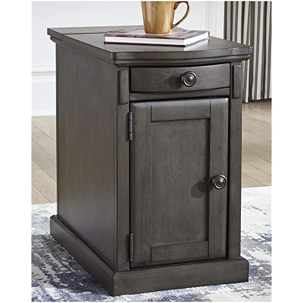 Signature Design by Ashley Tyler Creek Rustic Chair Side End Table with Pull-Out Tray & USB Ports, Brown Blackish Brown Table