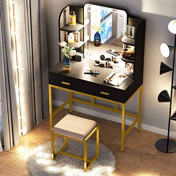 Vanity Set with LED Lighted Mirror and Cushioned Stool, Large Vanity Table Dressing Table Desk with Storage Shelves and 2 Drawers for Bedroom (Gold/w Lights)