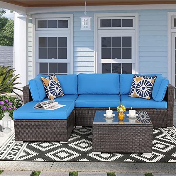 Do4U 5 Pieces Outdoor Patio Furniture Set PE Rattan Patio Set Porch Furniture Cushioned Patio Chairs Set Patio Conversation Set for Garden Balcony Porch Poolside Lawn (Blue)