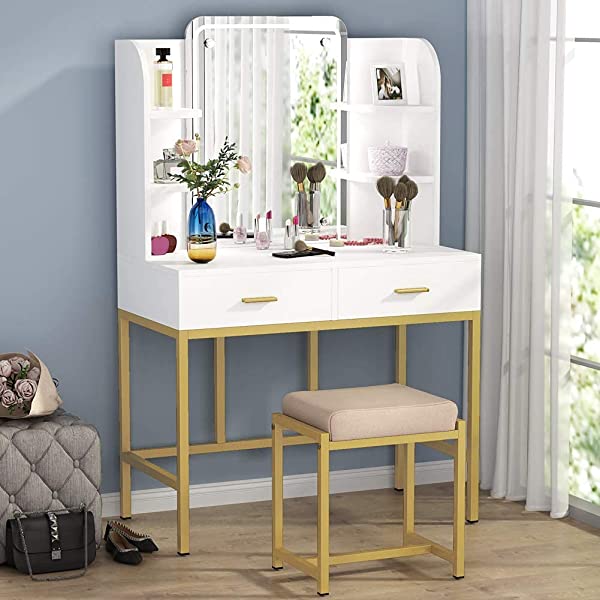 Vanity Set with LED Lighted Mirror and Cushioned Stool, Large Vanity Table Dressing Table Desk with Storage Shelves and 2 Drawers for Bedroom (Gold/w Lights)