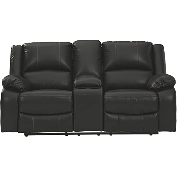 Signature Design by Ashley - Calderwell Contemporary Faux Leather Double Reclining Loveseat w/ Console - Adjustable - Gray Manual Loveseat Grey