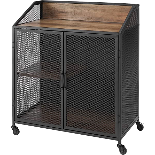 Walker Edison Malcomb Urban Industrial Metal Mesh Double Door Rolling Bar Cabinet, 33 Inch, Rustic Oak Rustic Oak 33 Inch