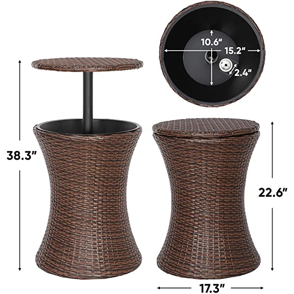ZENY Cool Bar Rattan Style Patio Pool Cooler Table W/Height Adjustable Top Outdoor Wicker Ice Bucket Cocktail Coffee Table for Party Deck Pool Use, Set of 2