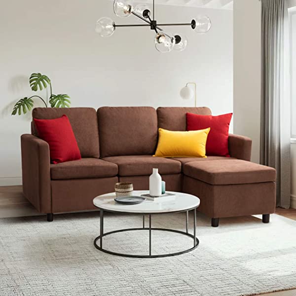 Flamaker Convertible Sectional Sofa L-Shaped Couch 3-seat Modern Fabric Reversible Sofa Couch for Living Room (Brown)